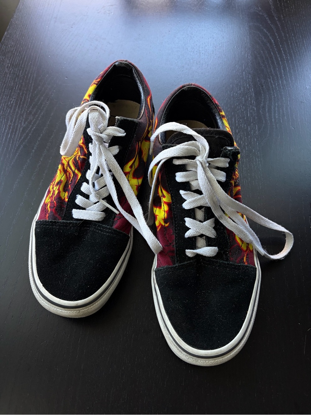 Vans Black Canvas Sneakers with Red and Yellow Flame Print
